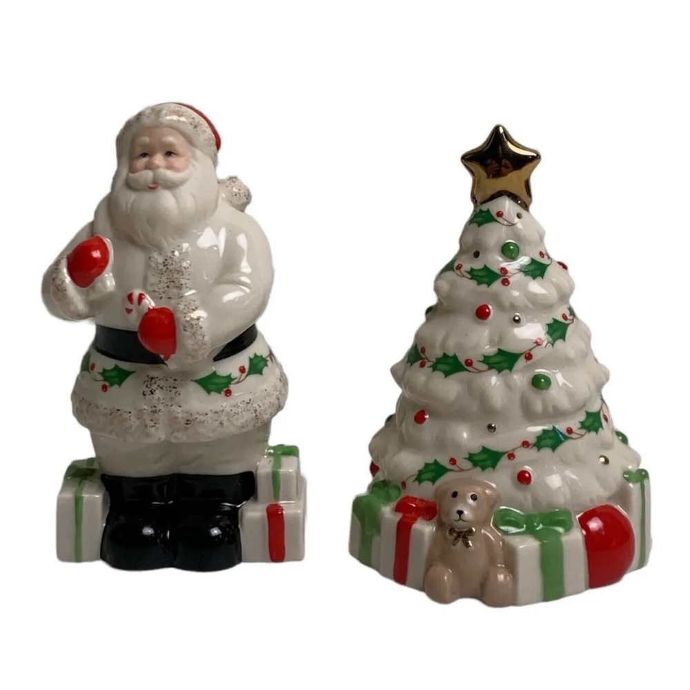 Vintage Lenox Christmas Tree Santa Claus Salt And Pepper Shakers Holiday Table